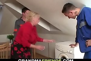 Very aged busty granma pleases two chaps teen