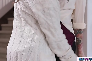 Inked waitress is strapon fucked unconnected with dominant lesbian milf