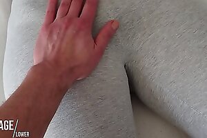 Touching the brush pussy not far from grey yogapants